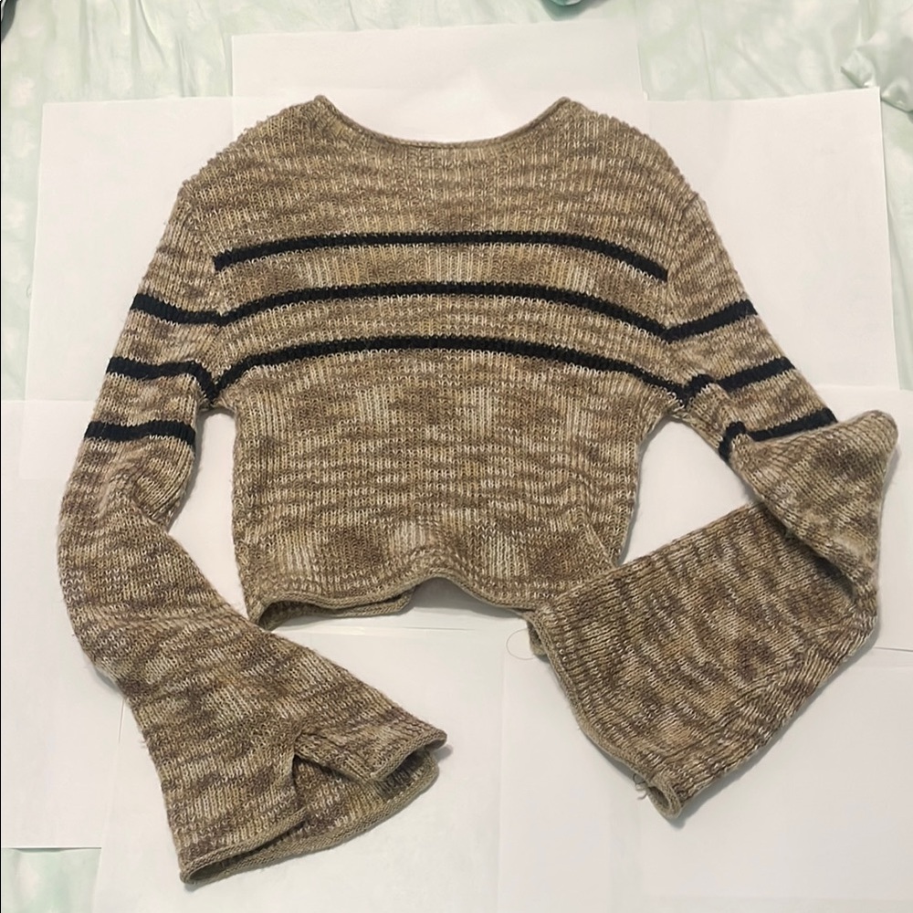Striped Bell Sleeve Sweater - Brown and Black